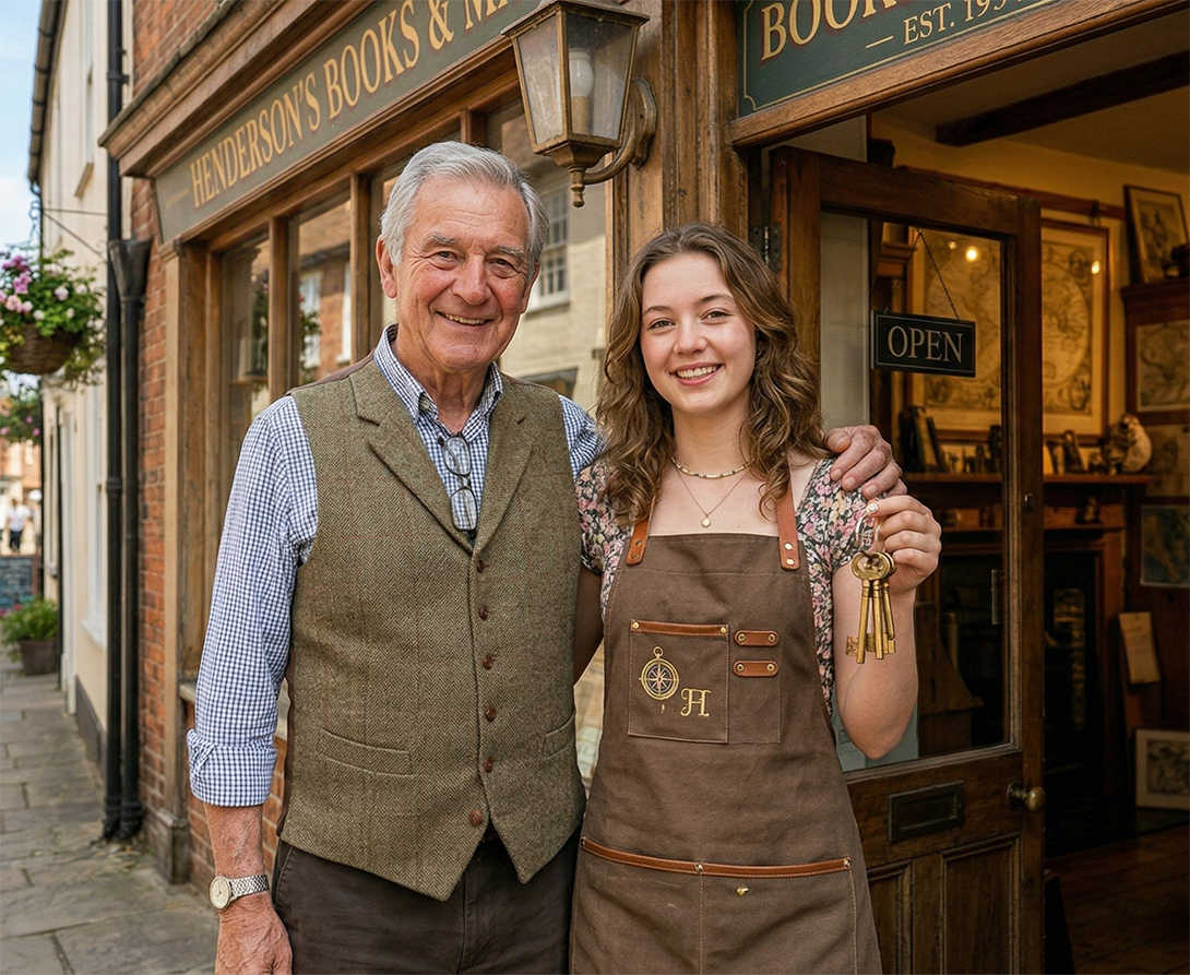 Grandfather and granddaughter sharing a moment in their family bookstore